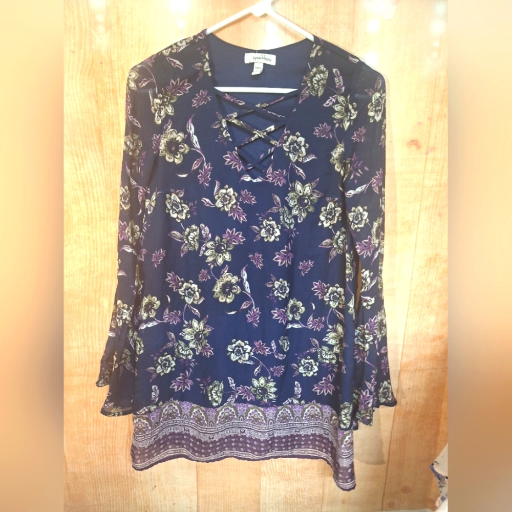 Speechless Blue and Tan Asymmetrical Bell Sleeve Tunic